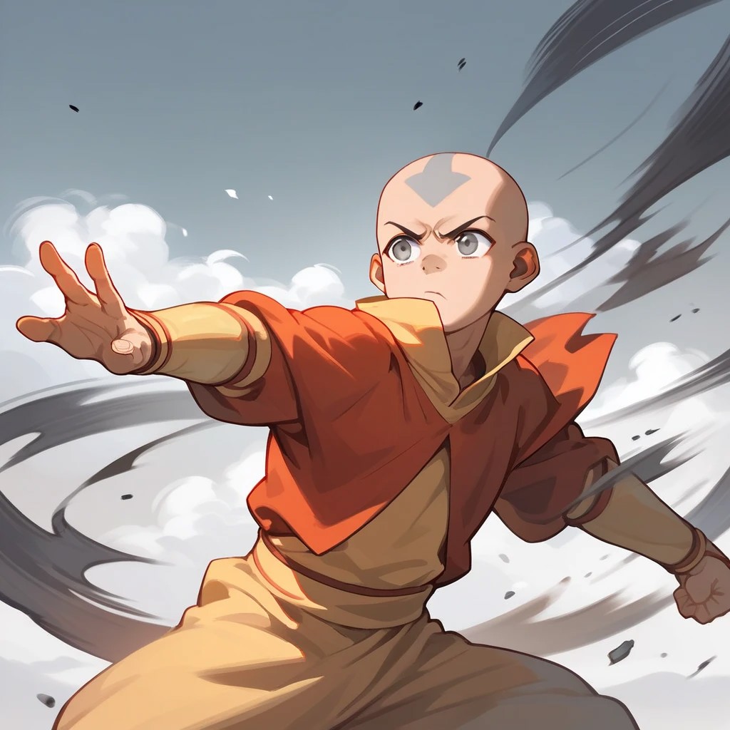 score_9, score_8_up, score_7_up, score_6_up, score_5_up, score_4_up, 1boy, Aangava, grey eyes, avatarstate, bald, fighting stance, airbending, solo, windy, wind blowing