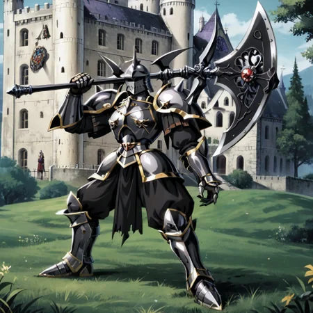 score_9, score_8_up, score_7_up, score_6_up, score_5_up, score_4_up, source_anime,NCRender,retro artstyle,black armored knight,spiked armor,holding axe,full body,dynamic pose,castle,outdoors