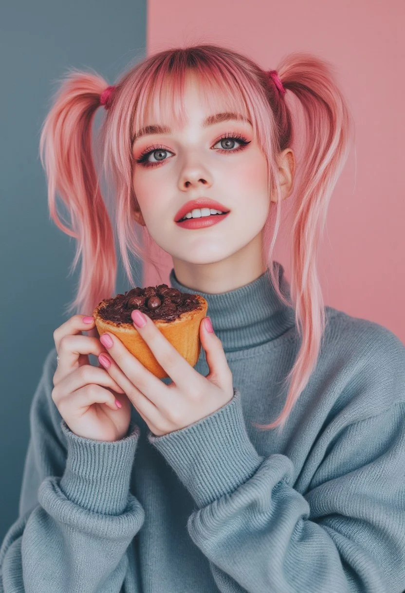 FictionalBerry,20 years old,homely girl with pastel pink twintails,light grey pupils, red eye makeup and glossy pink lips. wearing a big grey wool sweater. Eating chocolate cake. Soft smile