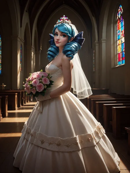 score_9, score_8_up, score_7_up, score_6_up, score_5_up, score_4_up, realistic,
1girl, gwen <lora:gwen_(lol)-PD-1.0:1>,
wedding dress, bouquet, church, twin drills, loving aura, wedding day, looking at viewer,
well-lit, rembrandt lighting