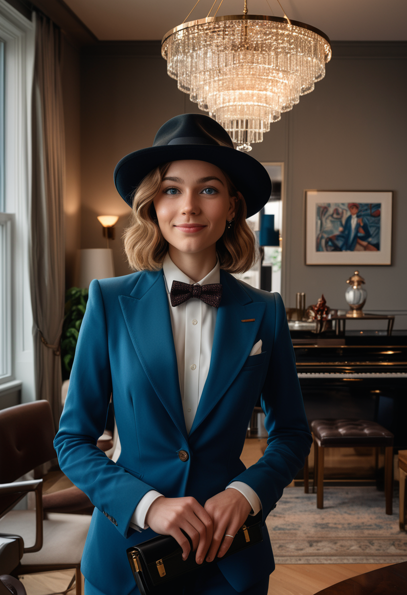 (medium full shot) of (debonair dapper young gentlewoman, willowy build, medium hazel hair), canadian, tan skin, blue eyes, wearing a fedora, blue modern fit suit with sleek lines, monk strap shoes, bow tie, carrying a leather briefcase cufflinks, set in  an elegant art deco apartment, with a sculpted glass chandelier, a black lacquered dining table, velvet dining chairs, a glossy piano, at night, woman smiling, detailed face, ,Masterpiece,best quality, photo, realistic, very aesthetic
