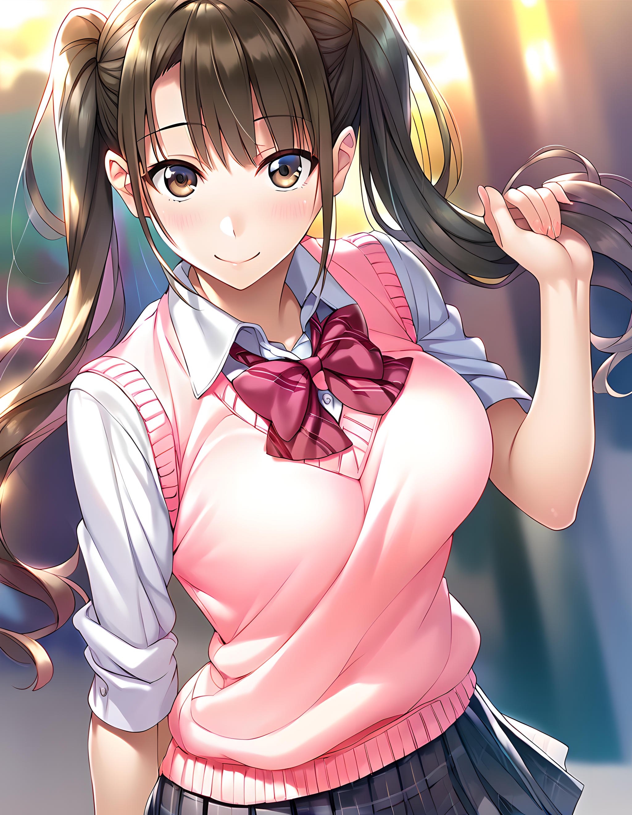 <lora:pony_xl_ayame:0.8>,ayame,score_9,score_8_up,score_7_up,source_anime,1girl,twintails,pink sweater vest,white collared shirt,red bow,pleated skirt,plaid skirt,miniskirt,smile,:d,cowboy_shot,city,cityscape,