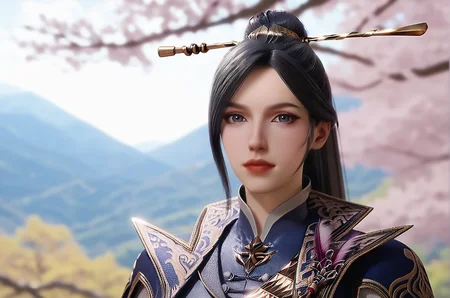 score_9_up,score_8_up,score_7_up,score_3D,(upper body),1girl,solo,(looking at viewer),black single hair bun,hair ornament,hair pins,hair stick,high collar,chinese clothes,blue cape,day,sunlight,soft focus,nature,bush,mountains,(blooming sakura trees),river,sun rays through branches,depth of field,Stable_Yogis_PDXL_Positives,<lora:ç¼é¨å¢å¼º-Pony:0.6>,<lora:ç»èå¢å¼º-PONY:0.6>,<lora:æç½å¤§é2-å¨æ¼ªãPonyã:0.85>,zhouyi,