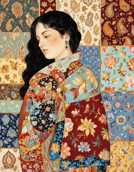 Art by Tigran Matulian. A digital illustration of a woman with long, wavy black hair, wearing a colorful shawl adorned with intricate floral patterns. the woman is positioned in the middle of the image, facing away from the viewer, with her eyes closed and a serene expression. she is wearing blue earrings and has a delicate, intricate tattoo on her left cheek. the background is a patchwork of various colors and patterns, including paisley, floral motifs, and floral elements, creating a vibrant and intricate design. the artwork is done in a realistic style with a focus on the woman's delicate features and the intricate details of her clothing.