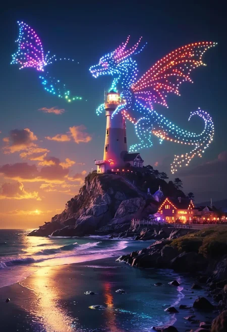 fantasy concept art, whimsical fairy tale elements, drone lightshow of a drakon, surrounded by colorful glowing orbs made of crystal, abandoned lighthouse with waves crashing below, intricate details, ultra sharp, Exquisite detail, flawless composition, vivid colors, masterpiece, <lora:drone:0.9>