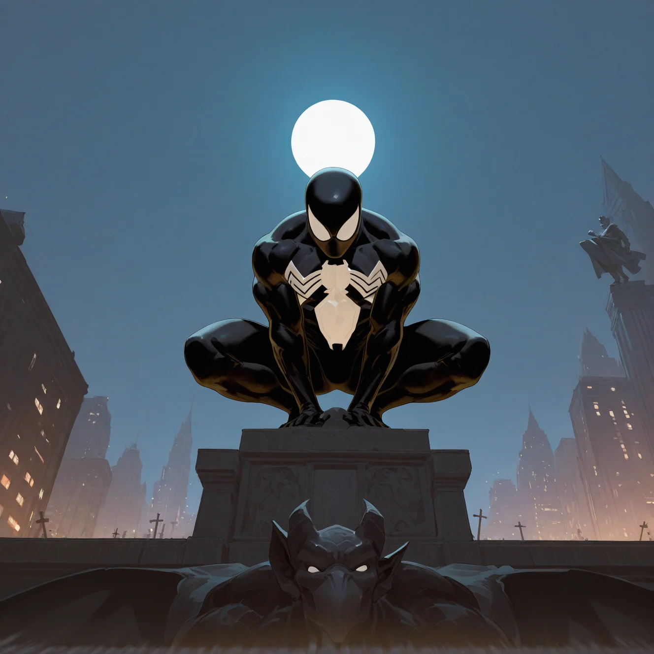 <lora:SPIDERMAN_CBS:1> spiderman_cbs, solo, 1boy, male focus, outdoors, sky, muscular, mask, bodysuit, night, muscular male, squatting, moon, cross, building, night sky, full moon, black bodysuit, white eyes, no pupils, superhero, black skin, statue, moonlight, city, from below, gargoyle, detailed background, motion blur, film grain, abstract, natural lighting, fantasy, cinematic, dynamic view, tilted angle, very awa, masterpiece, best quality, absurdres, newest, perfect quality, detailed background, intricate details, (artist:fl \(l-fl\):0.7), (artist:tooboshoo:0.7), (artist:dizdoodz:0.8)