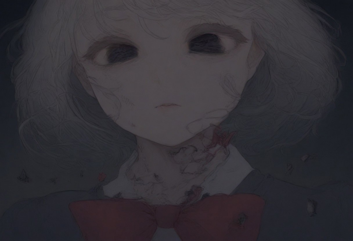 black background, night, broken hearts, 1girl, closeup, black, dull eyes, looking at the viewer, bright red bow on the neck, easynegative, detailed, beautiful, dark.