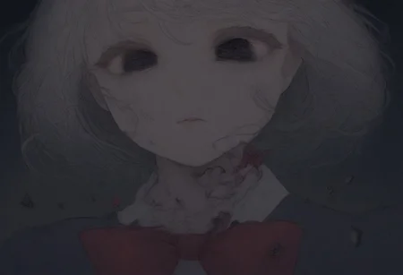 black background, night, broken hearts, 1girl, closeup, black, dull eyes, looking at the viewer, bright red bow on the neck, easynegative, detailed, beautiful, dark.