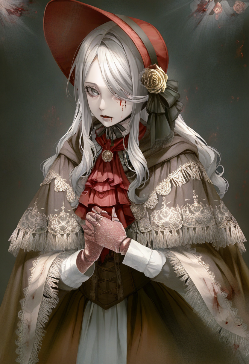 1girl, bonnet, solo, doll joints, gloves, joints, grey eyes, flower, swept bangs, blood, dress, looking at viewer, hat, bangs, ascot, cloak, white hair, own hands together, long hair, rose, grey hair, red ascot <lora:cuso4XL_NBVP1_lokr_V6311PZ:0.95>