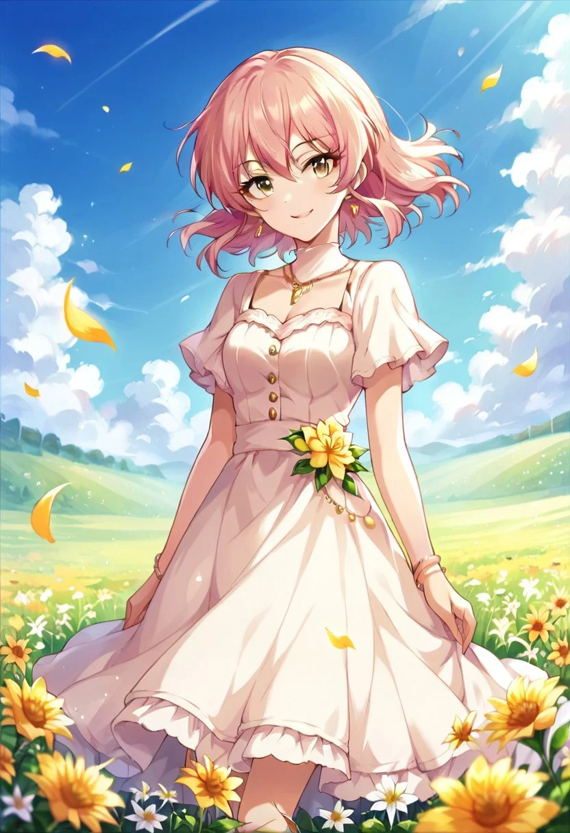 score_9, score_8_up, score_7_up, source_anime,jougasaki mika, yellow eyes, pink hair, 1girl, jewelry, flower, solo, dress, bracelet, smile, field, day, sky, petals, flower field