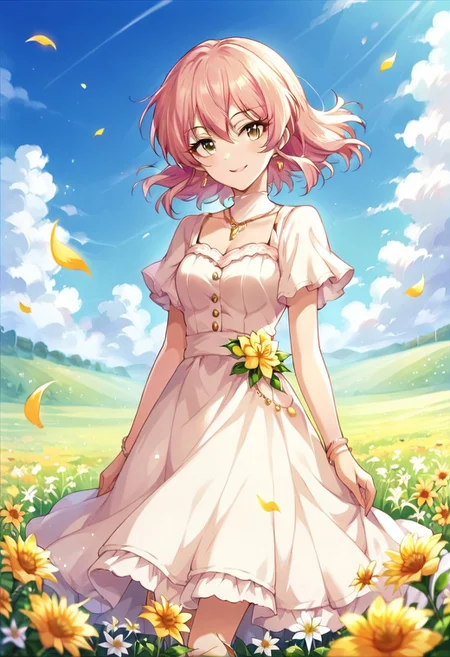 score_9, score_8_up, score_7_up, source_anime,jougasaki mika, yellow eyes, pink hair, 1girl, jewelry, flower, solo, dress, bracelet, smile, field, day, sky, petals, flower field