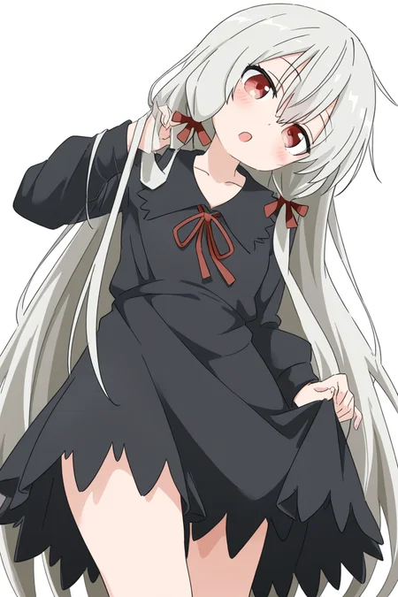 masterpiece, best quality, amazing quality,
 <lora:Cynical_IL:1> cynical, 1girl, solo, long hair, dress, black dress, grey hair, ribbon, white background, tress ribbon, long sleeves, looking at viewer, hair ribbon, collared dress, red eyes, bangs, :o, hair between eyes, holding, very long hair, open mouth, blush, simple background, collarbone, red ribbon, head tilt