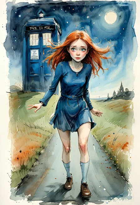 watercolor charming character of a cartoon Karen Gillan like as Amy Pond, girl on road, Grass along the edges, shiny eyes and Snub nose, spreads hands action pose, dark sky-blue and orange, (tardis:1.25) on background