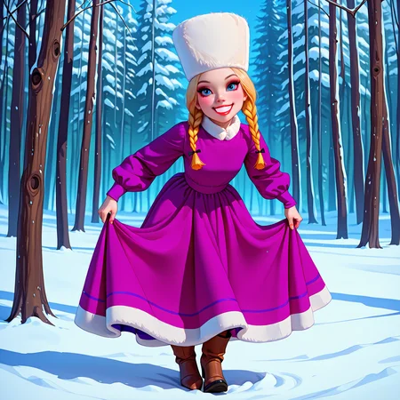 absurdres, 8k, high resolution, masterpiece, best quality, absolutely fantastic art, amazing quality, very aesthetic,1girl, solo, full body, <lora:dancingpuppets:.7>,russian, blonde hair,purple dress, boots, twin braids, hat, makeup, red lips, grin, outdoors, winter, realistic, forest, <lora:Smooth_Booster_v2:.5>