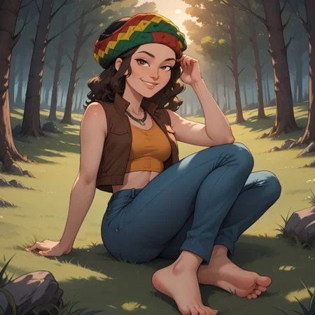 score_9, score_8, BREAK, solo, jamaican headwear, brown hair, freckles, lips, necklace, crop top, navel, sleeveless mini jacket, long jeans, barefoot, total drama, Laurie_(Total_Drama), breasts, sexy pose, smile, outdoors, sunlight, shadows, evening lighting, natural lighting, forest, trees, grass, orange sky, sunset, sitting, soles