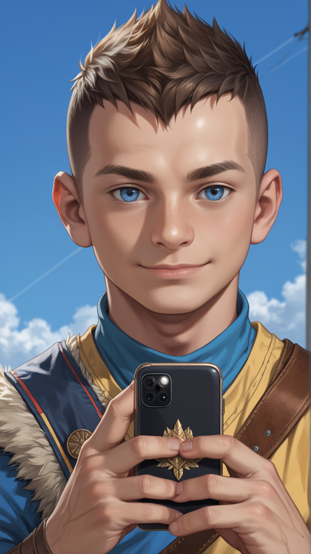 score_9, score_8_up, score_7_up, score_6_up, score_5_up, score_4_up, rating_safe, realistic photorealistic, <lora:GoWRAtreusPDXL:1>GoWRAtreus, 12 y-o young boy, solo,  (Holding a phone to the ear, engaged in conversation:1.5) in a izakaya location.
Blue eyes and short brown buzzcut. GoWRAtreus is wearing a (yellow:0.5) tunic with leather details. Belts and straps crossing his body. (His waistcloth is red and blue:1.4). GoWRAtreus is wearing brown leather boots. His right arm is bare and has a tattoo. GoWRAtreus expression is Curious, Chin tilted up slightly, eyes wide open, and a slight smile..