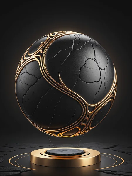 Illustration, mysterious floating black stone with golden carvings, circular lines, <lora:add-detail-xl:1>