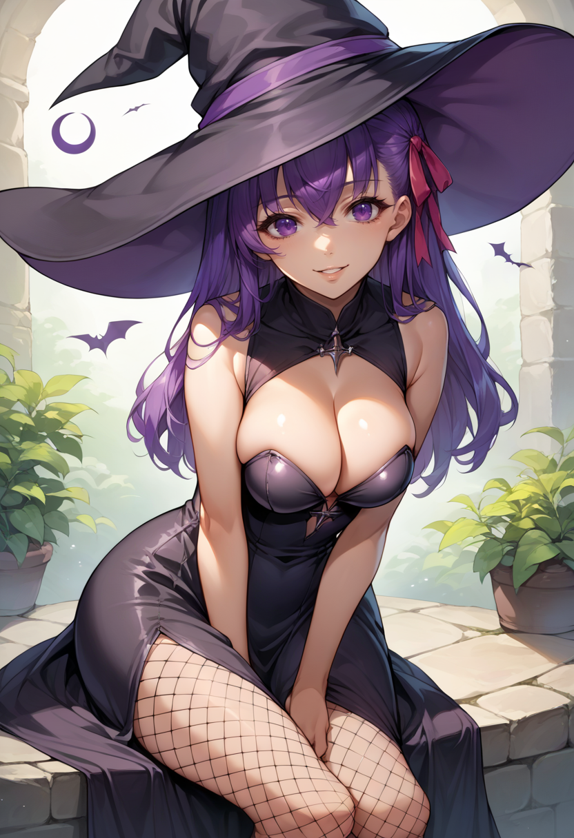 score_9, score_8_up, source_anime, 1girl, solo, SakuraMatou, purple hair, purple eyes, long hair, hair ribbon, witch, witch hat, tight dress, fishnets, fishnet pantyhose, cleavage, black dress, smile, parted lips, sitting, <lora:ChamSakuraMatouPonyXL:1>