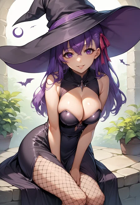 score_9, score_8_up, source_anime, 1girl, solo, SakuraMatou, purple hair, purple eyes, long hair, hair ribbon, witch, witch hat, tight dress, fishnets, fishnet pantyhose, cleavage, black dress, smile, parted lips, sitting, <lora:ChamSakuraMatouPonyXL:1>