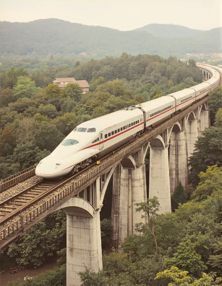 OldJapan style photo of a shinkansen driving over a large bridge