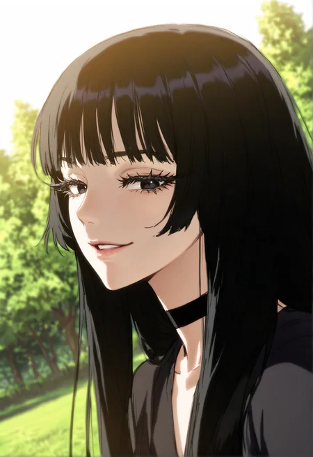 in style of solo leveling,  
manhwa, <lora:Manhwa_Style_illustrious_Leaf1:0.8>
1girl, dynamic pose, smug, looking down, parted lips, black eyes, long eyelashes, thick eyelashes, choppy bangs, long hair, black choker,  dutch angle, blurry background, outdoors, looking at viewer, profile, 
very awa, best quality, highres, masterpiece,