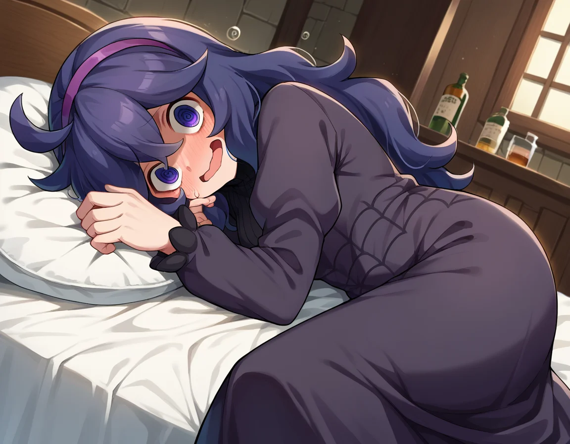 score_9, score_8_up, score_7_up, source_anime,
hexmaniac, <lora:hex-maniac-ponyxl-lora-nochekaiser:1>
hex maniac, hairband, messy hair, purple eyes, purple hair, purple hairband, @ @,
black dress, dress, long dress, long sleeves, juliet sleeves,
indoors, bed, bed room, on side, blush, drunk,
looking at viewer, cowboy shot, dutch angle,