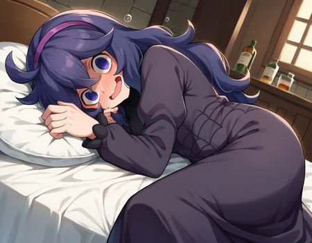 score_9, score_8_up, score_7_up, source_anime,
hexmaniac, <lora:hex-maniac-ponyxl-lora-nochekaiser:1>
hex maniac, hairband, messy hair, purple eyes, purple hair, purple hairband, @ @,
black dress, dress, long dress, long sleeves, juliet sleeves,
indoors, bed, bed room, on side, blush, drunk,
looking at viewer, cowboy shot, dutch angle,