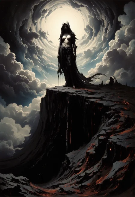 An oil painting depicting a beautiful pain,in which bold,aggressive strokes of acrylic paint emerge from deep shadow,creating a dynamic interplay of light and darkness.The thick application of acrylic paint forms a textured surface,enhancing the sense of depth and dimensionality.Applied in a parallax style,the acrylic paint fluctuates with changes in perspective,revealing rich halftones and subtle variations in hue.This dramatic composition invites exploration,with swirling shapes and jagged edges that evoke a sense of movement and chaos,transforming the canvas into an immersive experience of visceral energy.creating an abstract image of a painted female,breasts in hearts,very dramatic lighting,glare in the light,Mixed media,combining charcoal,and watercolor on a large,torn canvas.A haunting,surreal landscape depicting:A solitary figure standing at the edge of a vast,dark abyss.figure's face is obscured by a hood,their body is fragmented,with pieces missing.abyss is filled with swirling,ethereal clouds and distant,flickering stars.Symbolism:represents the search for identity and self-discovery.abyss symbolizes the unknown,subconscious,and the fears that lie within.fragmented body signifies the struggle to find wholeness and unity.faint,glowing thread connects the figure's heart to a distant hole.canvas's torn edges