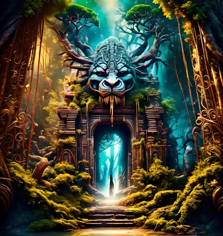 RAW photo, (masterpiece:1.3), subsurface scattering, heavy shadow, (high quality:1.4), (intricate, high detail:1.2), professional photography, HDR, High Dynamic Range, realistic, ultra realistic, photorealistic, high resolution, film photography, ambient lighting, atmospheric effects, <lora:detail_slider_v4:2>, OverallDetail, bare tree, butterfly, door, fantasy, fire, forest, light rays, nature, no humans, outdoors, portal, scenery, sky, tree, water, <lora:Portal:0.8>, in a sinister and dark fantasy jungle, FanJu, <lora:FantasyJungle-10:1>, epiCPhoto