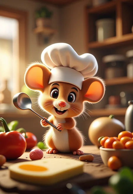 A tiny mouse chef in a bustling kitchen, standing on a cutting board with a tiny spoon in hand, surrounded by fresh vegetables and cooking utensils, a 3D render in the style of 3DMVIE