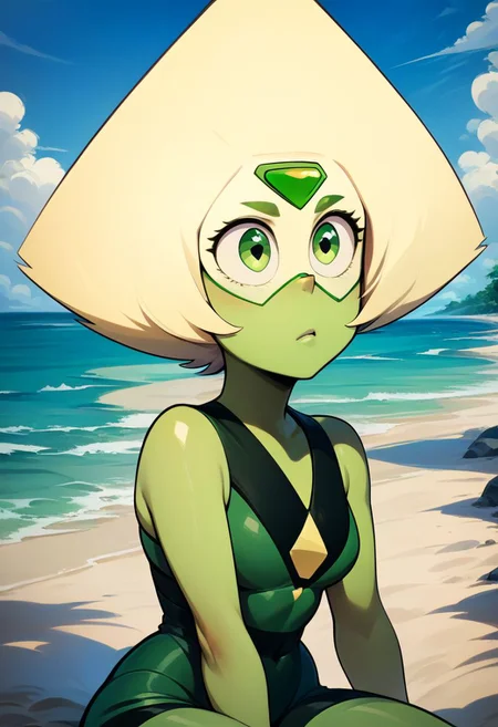 score_9, score_8_up, score_8, medium breasts, 1girl , (curvy), cute,peridot, gem, forehead jewel, upper body ,annoying, sitting , beach,  <lora:add-detail-xl:1.2>,