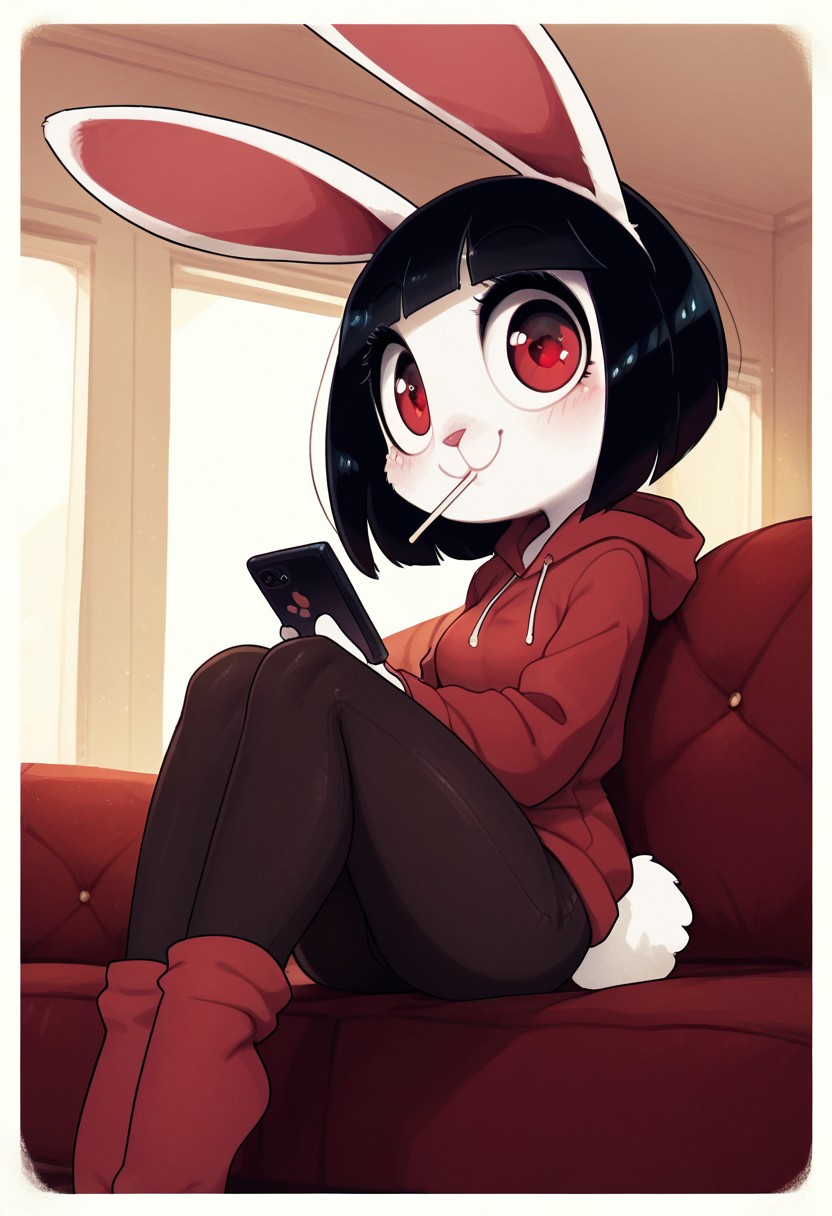 score_9, score_8_up, score_7_up, score_6_up, innocent and alluring, masterpiece, best quality, 1girl, 21 year old, (cute, anthro, female, bunny , thin body, detailed face, beautiful detailed eyes, red eyes, bunny tail, small round breasts, white fur, round head, big eyes, bunny ears, black hair, bob cut), (indoors, in living room, sitting on couch, lollipop in mouth, holding phone, red hoodie, black tight pants, red socks, looking at viewerw, smile, happy, side view, knees folded), (solo)