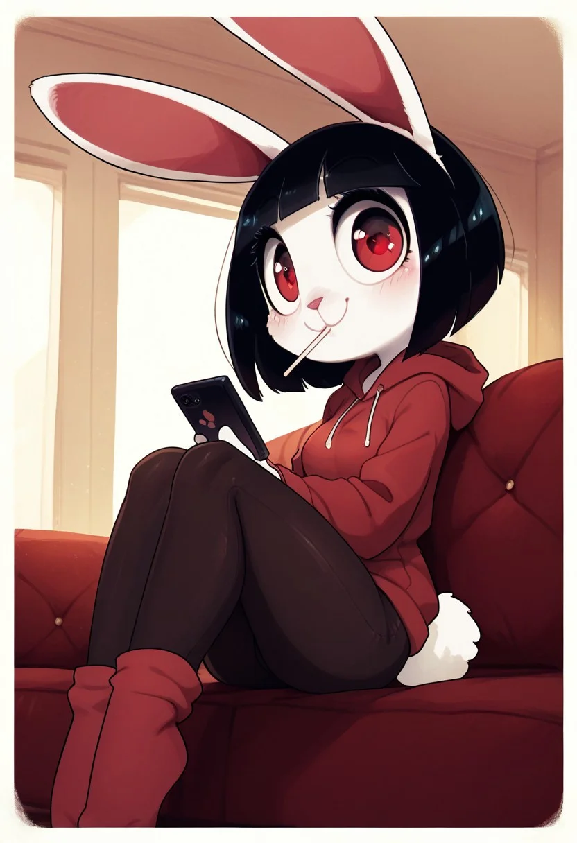 score_9, score_8_up, score_7_up, score_6_up, innocent and alluring, masterpiece, best quality, 1girl, 21 year old, (cute, anthro, female, bunny , thin body, detailed face, beautiful detailed eyes, red eyes, bunny tail, small round breasts, white fur, round head, big eyes, bunny ears, black hair, bob cut), (indoors, in living room, sitting on couch, lollipop in mouth, holding phone, red hoodie, black tight pants, red socks, looking at viewerw, smile, happy, side view, knees folded), (solo)