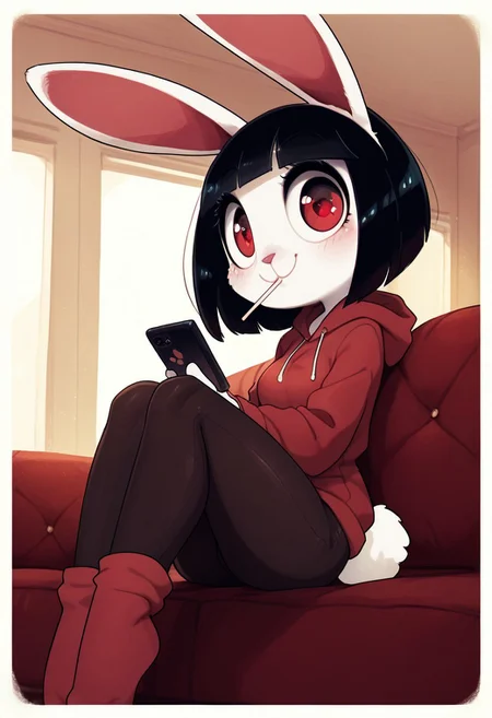 score_9, score_8_up, score_7_up, score_6_up, innocent and alluring, masterpiece, best quality, 1girl, 21 year old, (cute, anthro, female, bunny , thin body, detailed face, beautiful detailed eyes, red eyes, bunny tail, small round breasts, white fur, round head, big eyes, bunny ears, black hair, bob cut), (indoors, in living room, sitting on couch, lollipop in mouth, holding phone, red hoodie, black tight pants, red socks, looking at viewerw, smile, happy, side view, knees folded), (solo)