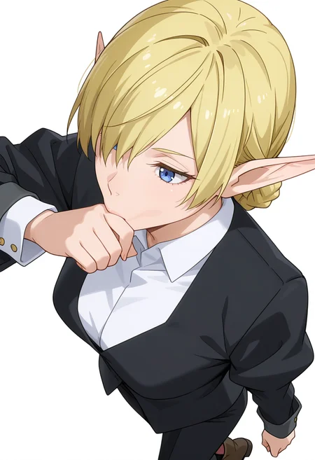 Smooth Quality,masterpiece,very intricate, high quality details, ultra realistic, high detailed skin,detailed enviorement,absurdres,
simple background, white background,
from above,dancing,
:>=,solo,
<lora:Kagali_cnn:0.8> 1girl, short hair, blonde hair, blue eyes, pointy ears, braid, hair over one eye, elf,suit, white shirt, formal, long sleeves, pants, boots,