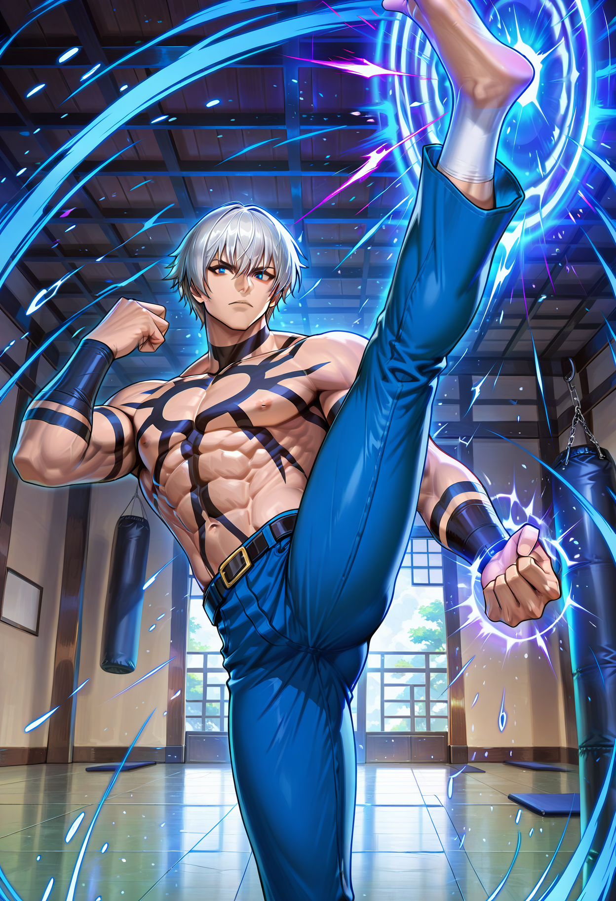masterpiece, best quality, newest, absurdres, highres, very detailed,
muscular male, koforochi, orochi tattoo, topless male,
looking at viewer, expressionless,
jeans,
male nipples, collarbone, abs, manly,
dojo, training room, floating punching bag, kicking, high kick, glowin outline, energy on leg, magic, psychic,
<lora:[Char - IL] KOF - Orochi (v1-R1-E27):1.0>
