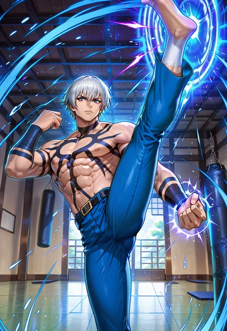 masterpiece, best quality, newest, absurdres, highres, very detailed,
muscular male, koforochi, orochi tattoo, topless male,
looking at viewer, expressionless,
jeans,
male nipples, collarbone, abs, manly,
dojo, training room, floating punching bag, kicking, high kick, glowin outline, energy on leg, magic, psychic,
<lora:[Char - IL] KOF - Orochi (v1-R1-E27):1.0>