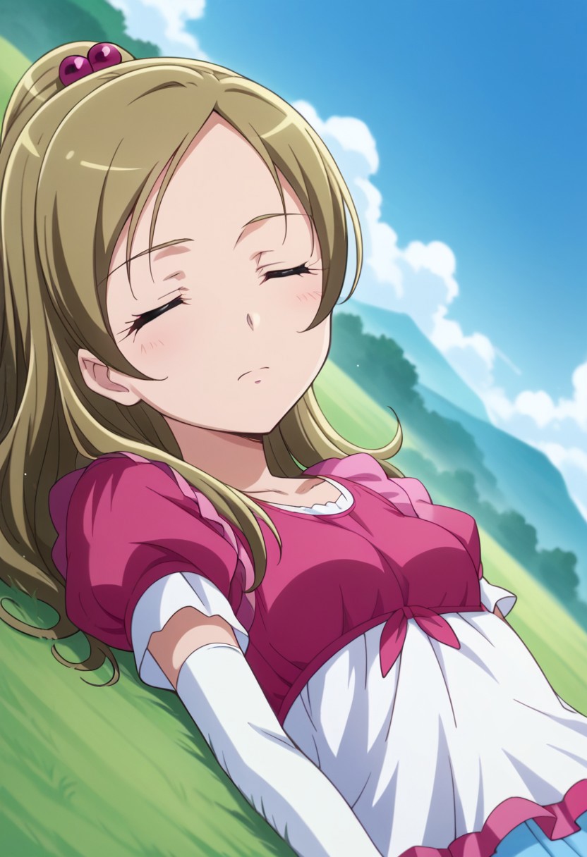 score_9, score_8, score_7, source_anime, minamino kanade, hair bobbles, small breasts, thighhighs, sky, lying, day, closed eyes, anime coloring, white thighhighs