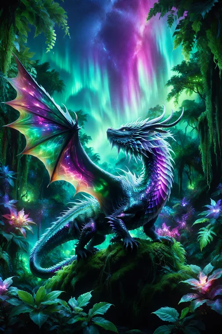 small dragon with shimmering scales, morph-aurora, rainforest canopy with lush vines, detailed background, best quality, vibrant colors, realistic style, high detail, hyper-realistic, highres, 4K resolution, realistic photo, masterpiece, ultra-detailed, aurora hues, vibrant greens and purples, soft glow, close-up shot, <lora:add-detail-xl:1> <lora:aurora_0_100_V1-000009:0.65>