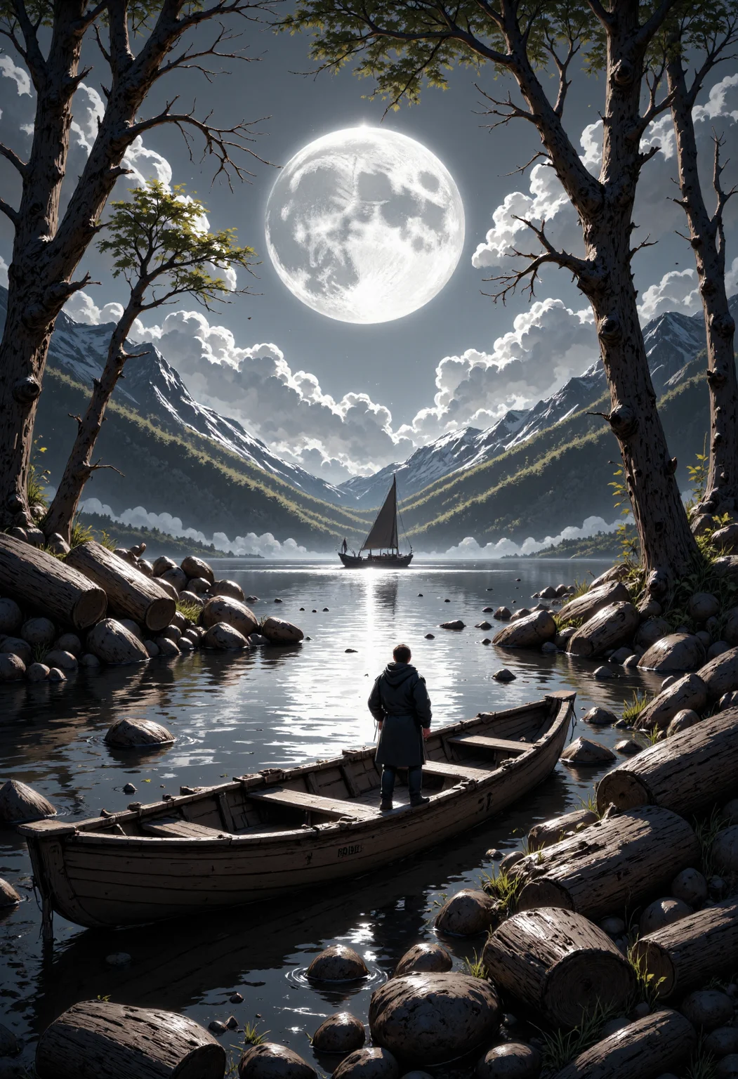 In the hauntingly beautiful monochromatic landscape, a majestic full moon hangs low in the sky, casting an ethereal glow on the serene waters. The silvery light dances across the ripples, creating a mesmerizing pattern of light and shadow. In the foreground, a weathered wooden boat, its hull worn by time and water, lies gently afloat on the tranquil lake. A solitary figure, shrouded in darkness, stands at the bow, gazing out into the misty distance. The surrounding trees, their branches twisted and gnarled with age, stand like sentinels, their reflections rippling on the water's surface. The air is heavy with the scent of damp earth and decaying vegetation. In the distance, a second boat, similar to the first, glides silently across the lake, its occupants invisible in the darkness. The style of this image is reminiscent of the romanticism of the 19th century, with its emphasis on the sublime and the mysterious. The camera angle is low, looking up at the moon and the trees, creating a sense of awe and reverence. The lighting is soft and diffused, with deep shadows that add to the sense of mystery and foreboding.<lora:CustomFlux/MysticComic.safetensors:1.0:1.0>