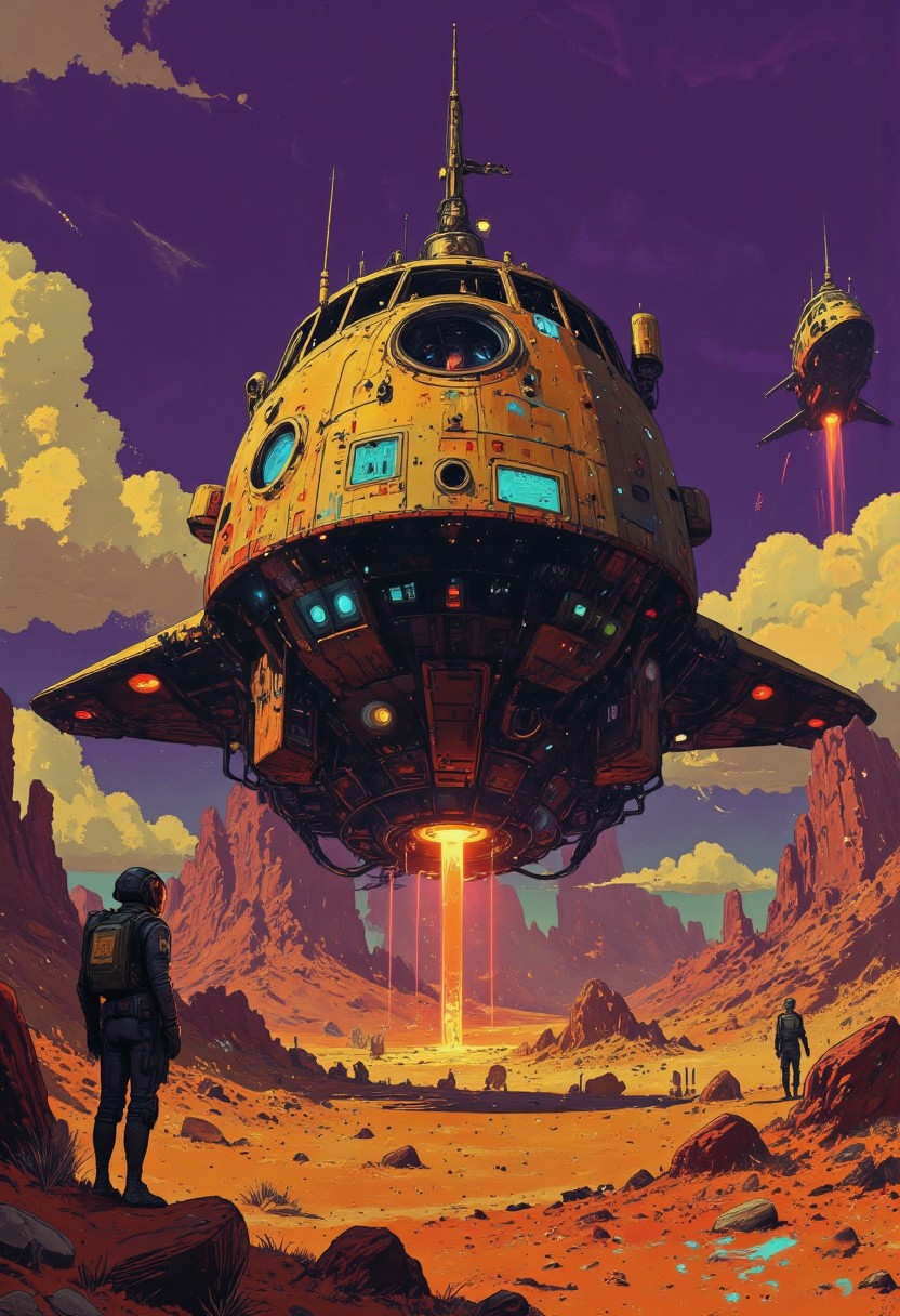Imagine a futuristic, desert-like landscape with a sci-fi theme. The central focus is a large, sleek, big spacecraft. The spacecraft has a large, round cockpit with a bright, glowing orange light emanating from it, suggesting it's active. The cockpit is surrounded by a complex array of sensors, antennas, and control panels. In the foreground, on the left, stands a humanoid figure in a futuristic, armored suit with a helmet, possibly a pilot or a crew member. The figure is silhouetted against the sun, casting a shadow, and appears to be gazing upward at the spacecraft. The background features a vast desert with scattered rocks and a few small, rugged mountains in the distance. There are fluffy, white clouds scattered across the sky. Two additional spacecraft, similar in design to the central one, are visible in the background, hovering in the sky. The overall atmosphere is one of awe and anticipation, suggesting a moment of arrival or exploration in a distant, alien world. The atmosphere is serene yet awe-inspiring, with a mystical, almost dreamlike quality. The composition is cinematic, with a sense of scale that emphasizes the sheer grandeur of the ship against the timeless landscape. High detail, ultra-textured, 8K resolution, atmospheric depth, concept art. (deep purples and vibrant indigos, blending vintage and cyberpunk aesthetics into a bold, retro-futuristic 8-bit masterpiece)