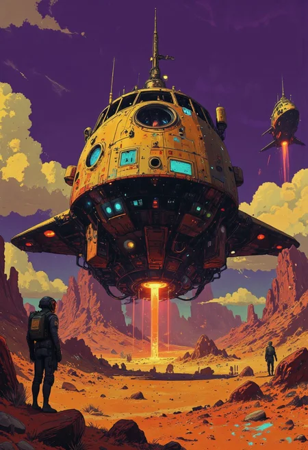 Imagine a futuristic, desert-like landscape with a sci-fi theme. The central focus is a large, sleek, big spacecraft. The spacecraft has a large, round cockpit with a bright, glowing orange light emanating from it, suggesting it's active. The cockpit is surrounded by a complex array of sensors, antennas, and control panels. In the foreground, on the left, stands a humanoid figure in a futuristic, armored suit with a helmet, possibly a pilot or a crew member. The figure is silhouetted against the sun, casting a shadow, and appears to be gazing upward at the spacecraft. The background features a vast desert with scattered rocks and a few small, rugged mountains in the distance. There are fluffy, white clouds scattered across the sky. Two additional spacecraft, similar in design to the central one, are visible in the background, hovering in the sky. The overall atmosphere is one of awe and anticipation, suggesting a moment of arrival or exploration in a distant, alien world. The atmosphere is serene yet awe-inspiring, with a mystical, almost dreamlike quality. The composition is cinematic, with a sense of scale that emphasizes the sheer grandeur of the ship against the timeless landscape. High detail, ultra-textured, 8K resolution, atmospheric depth, concept art. (deep purples and vibrant indigos, blending vintage and cyberpunk aesthetics into a bold, retro-futuristic 8-bit masterpiece)