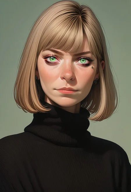 1girl, belatricepamford, pretty face, freckles, manic pixie, light hair, goth makeup, sweater, nose, seductive, 
FOV medium shot, 
simple pastel green background,
score_9,score_8_up