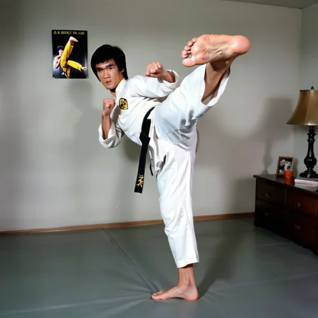 A bruce lee, including a black belt, is performing a high kick. <lora:kickGirl:0.7>,soles of feet