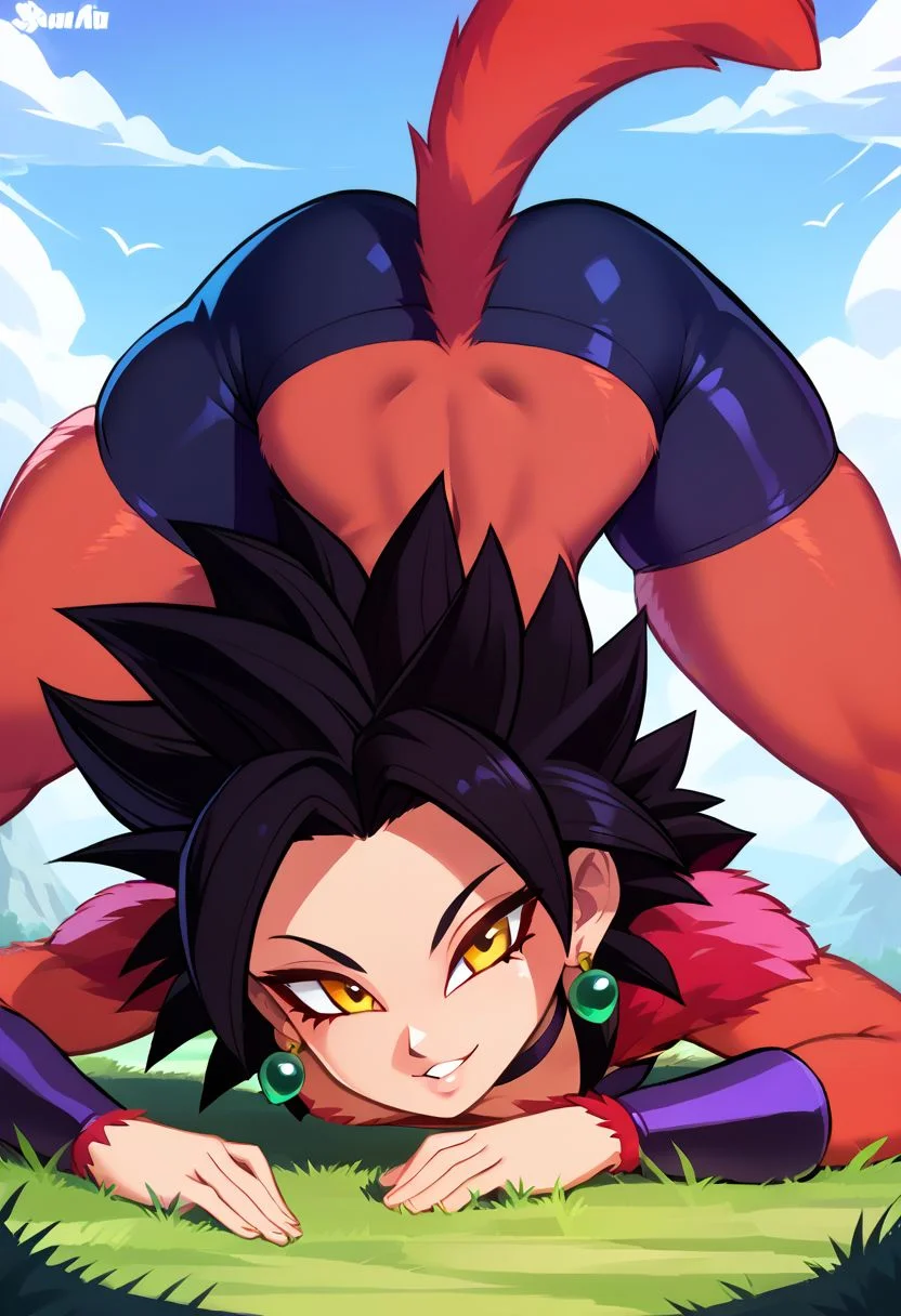 score_9, score_8_up, score_7_up, score_6_up, score_5_up, score_4_up, dynamic, bending over, legs apart, straight legs, view from behind, ass focus,  outdoors, beautiful, source_anime, doing the splits, (cute 18 year old girl), color theory, 
BREAK,
Super_Saiyan_4_Caulifla,  yellow eyes, 1girl,  crop top,  long black hair,  body fur,  red fur, white face, 
BREAK,
navel, jewelry, medium breasts, cowboy shot, earrings, parted lips, shorts, choker, midriff, armor, short shorts, skindentation, black choker, (shoulder armor:1),
hand on hip, smile, smug, tail, 
BREAK, 
huge smile, cute face, small tight ass, petite body, (face down ass up:1.5)
zPDXL,