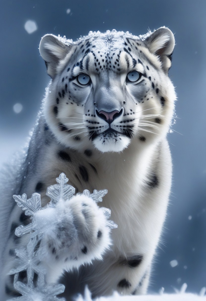 A close-up of an anthropomorphic snow leopard with sleek, frost-kissed fur, its paw outstretched to catch a glistening snowflake. The intricate details of the paw pads and fur are in sharp focus, with soft winter light highlighting the crystalline snowflake, a blurred snow-covered forest in the background.