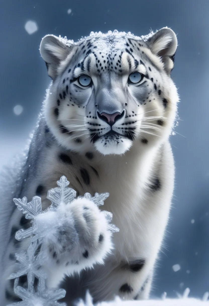 A close-up of an anthropomorphic snow leopard with sleek, frost-kissed fur, its paw outstretched to catch a glistening snowflake. The intricate details of the paw pads and fur are in sharp focus, with soft winter light highlighting the crystalline snowflake, a blurred snow-covered forest in the background.