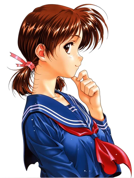 masterpiece,best quality,newest,
1girl,solo,
1990s \(style\),retro artstyle,<lora:adachi_taeko_ilxl_v1.0:1>,a_taeko,brown hair,brown eyes,hair bow,low twintails,t_clothes,blue serafuku,long_sleeves,blue pleated skirt,
<lora:Fixhands_anime_bdsqlsz_V1:1>,white_background,simple_background,upper_body,looking_at_viewer,standing,smile,finger to own chin,profile,