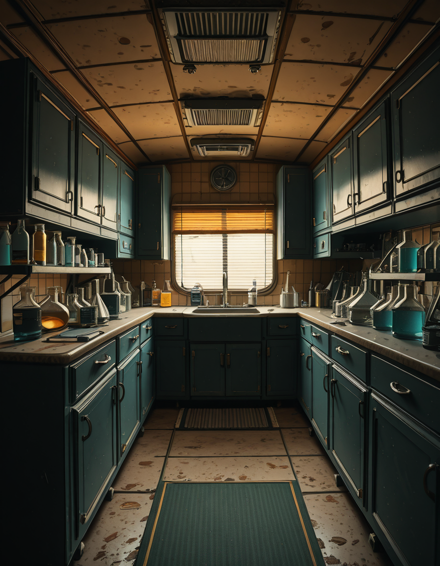 The interior of an old RV converted into a clandestine drug laboratory, inspired by the TV series Breaking Bad. The space is cramped and messy, filled with scientific equipment, glass beakers, flasks, burners, chemical containers, and lab tools scattered around. The walls are aged and stained, with peeling wallpaper and old metallic cabinets. A small sink area is cluttered with dirty lab glassware. The lighting is dim and tinted yellow, with sunlight barely filtering through dusty blinds. The floor is grimy, with a mix of rubber mats and worn carpet. The overall atmosphere is tense and gritty, capturing a sense of secrecy and danger. Hyper-realistic style, cinematic composition, rich in textures and shadows.
<lora:SDXLFaeTastic2400:0.4> <lora:extremely_detailed:0.4> extremely detailed,old RV drug l4b0r4t0ry, <lora:old_RV_drug_l4b0r4t0ry-i:1>, Masterpiece,best quality,hi res,8k,hi res,8k,award winning,(sharp focus, intricate, highly detailed),