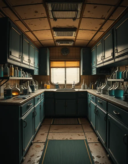 The interior of an old RV converted into a clandestine drug laboratory, inspired by the TV series Breaking Bad. The space is cramped and messy, filled with scientific equipment, glass beakers, flasks, burners, chemical containers, and lab tools scattered around. The walls are aged and stained, with peeling wallpaper and old metallic cabinets. A small sink area is cluttered with dirty lab glassware. The lighting is dim and tinted yellow, with sunlight barely filtering through dusty blinds. The floor is grimy, with a mix of rubber mats and worn carpet. The overall atmosphere is tense and gritty, capturing a sense of secrecy and danger. Hyper-realistic style, cinematic composition, rich in textures and shadows.
<lora:SDXLFaeTastic2400:0.4> <lora:extremely_detailed:0.4> extremely detailed,old RV drug l4b0r4t0ry, <lora:old_RV_drug_l4b0r4t0ry-i:1>, Masterpiece,best quality,hi res,8k,hi res,8k,award winning,(sharp focus, intricate, highly detailed),